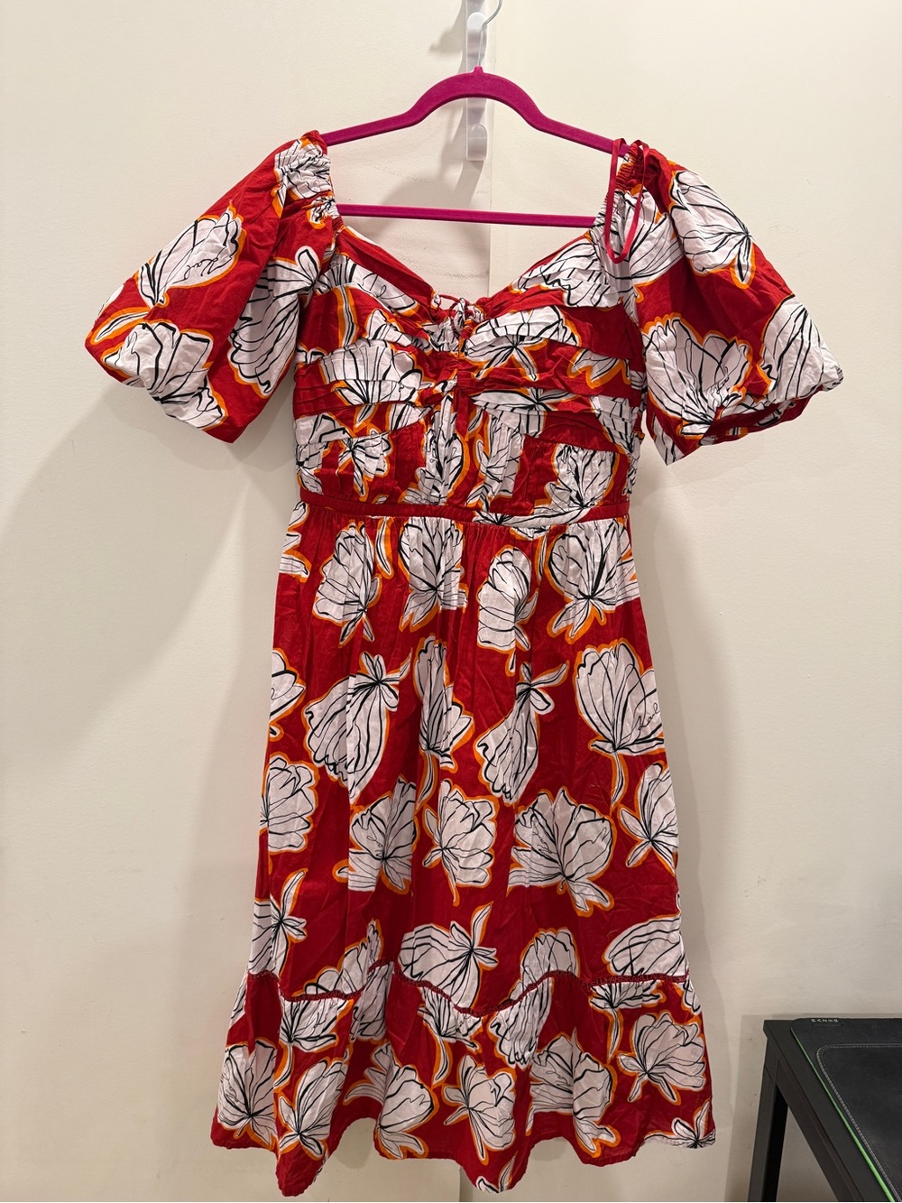 Karl Lagerfeld Red Floral Puff-Sleeve Midi Dress